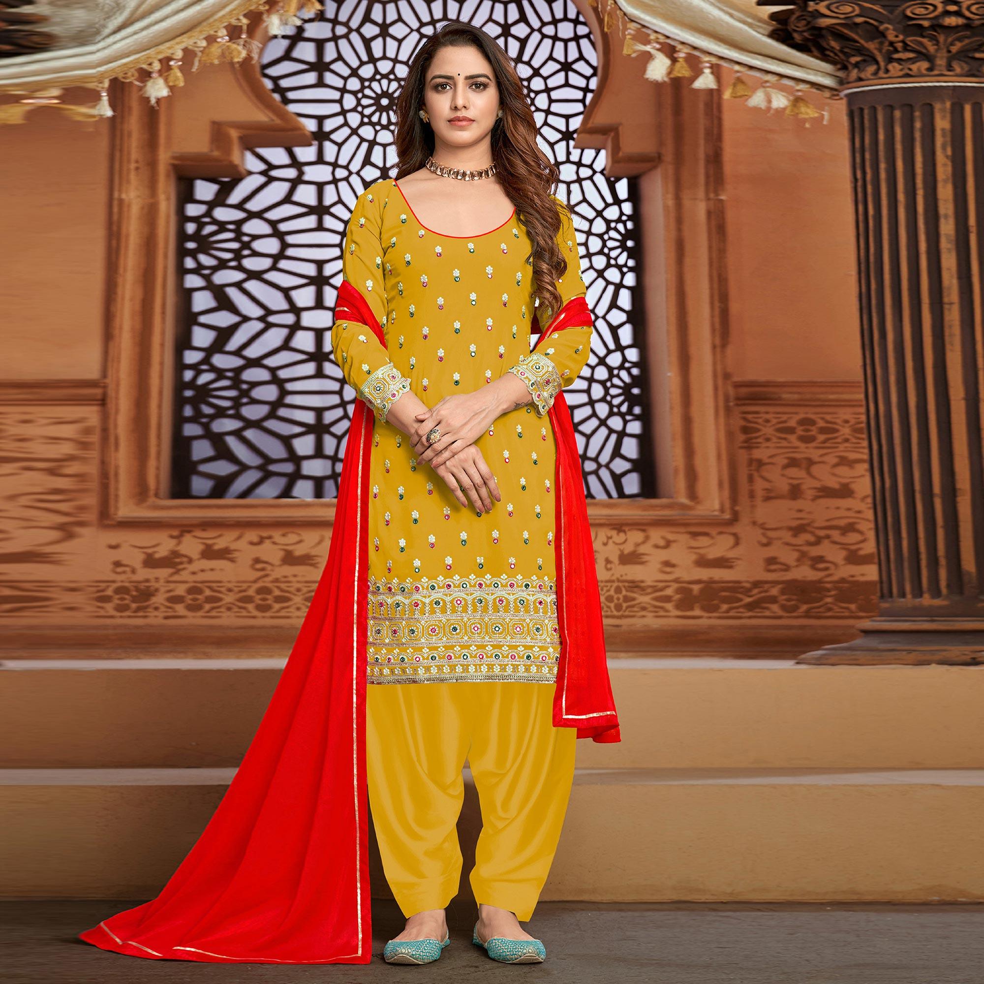 Yellow Embroidered Faux Georgette Partywear Patiyala Suit - Peachmode