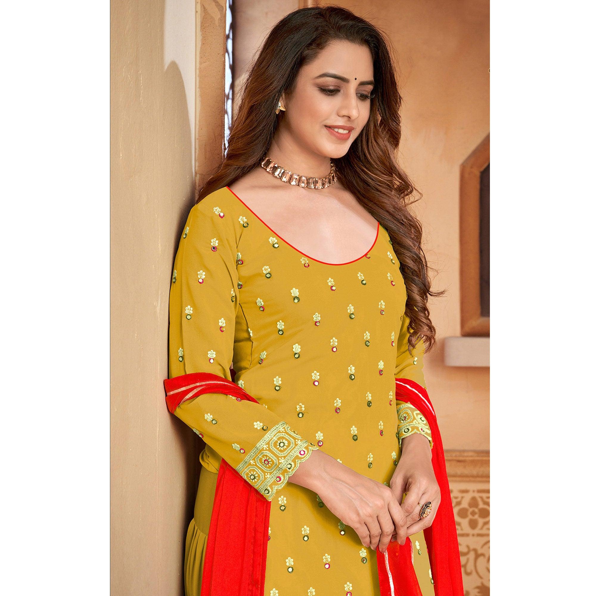 Yellow Embroidered Faux Georgette Partywear Patiyala Suit - Peachmode