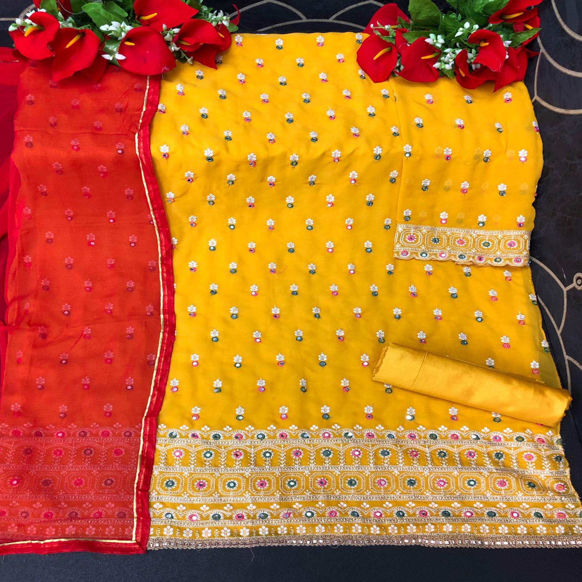 Yellow Embroidered Faux Georgette Partywear Patiyala Suit - Peachmode