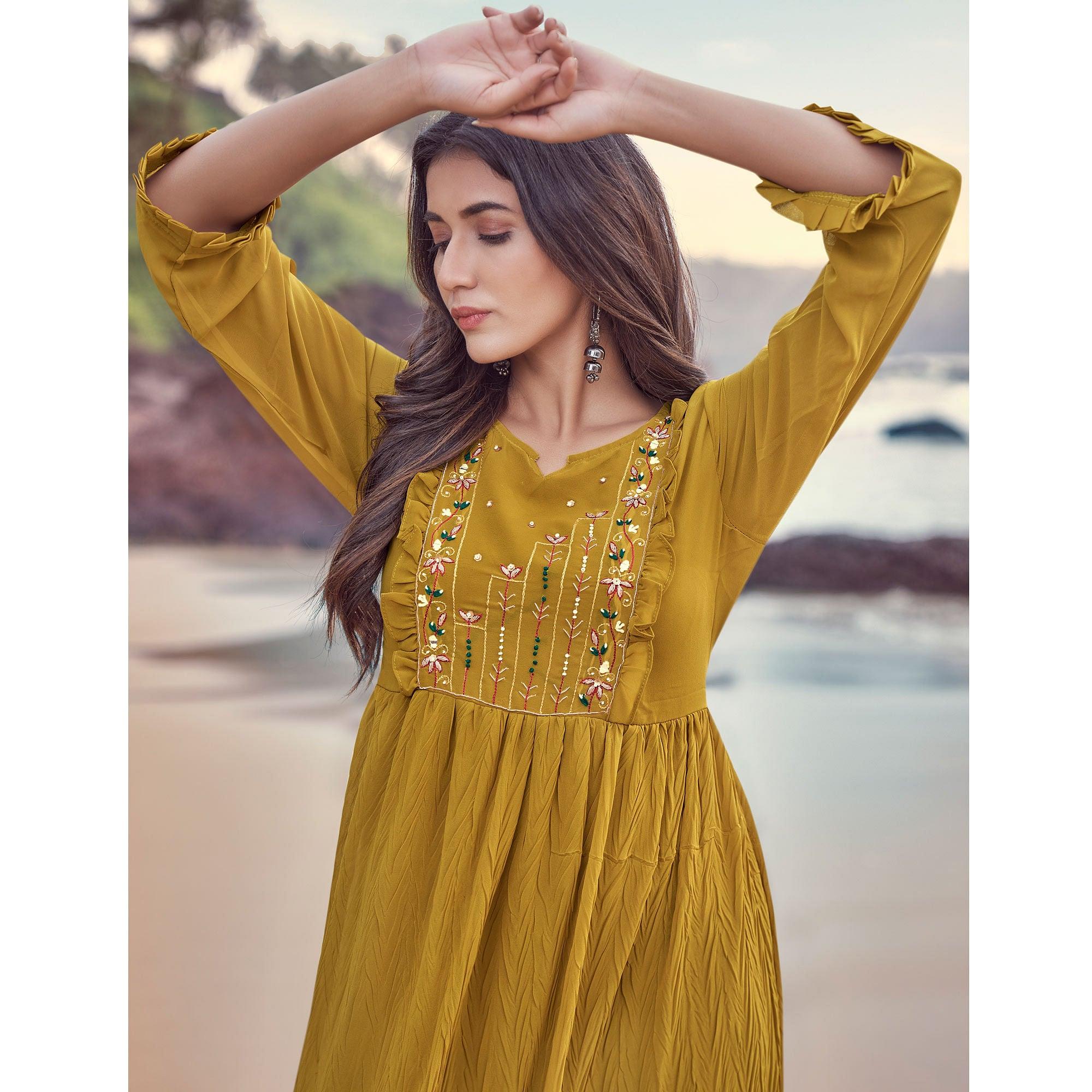 Yellow Embroidered Georgette Dress - Peachmode