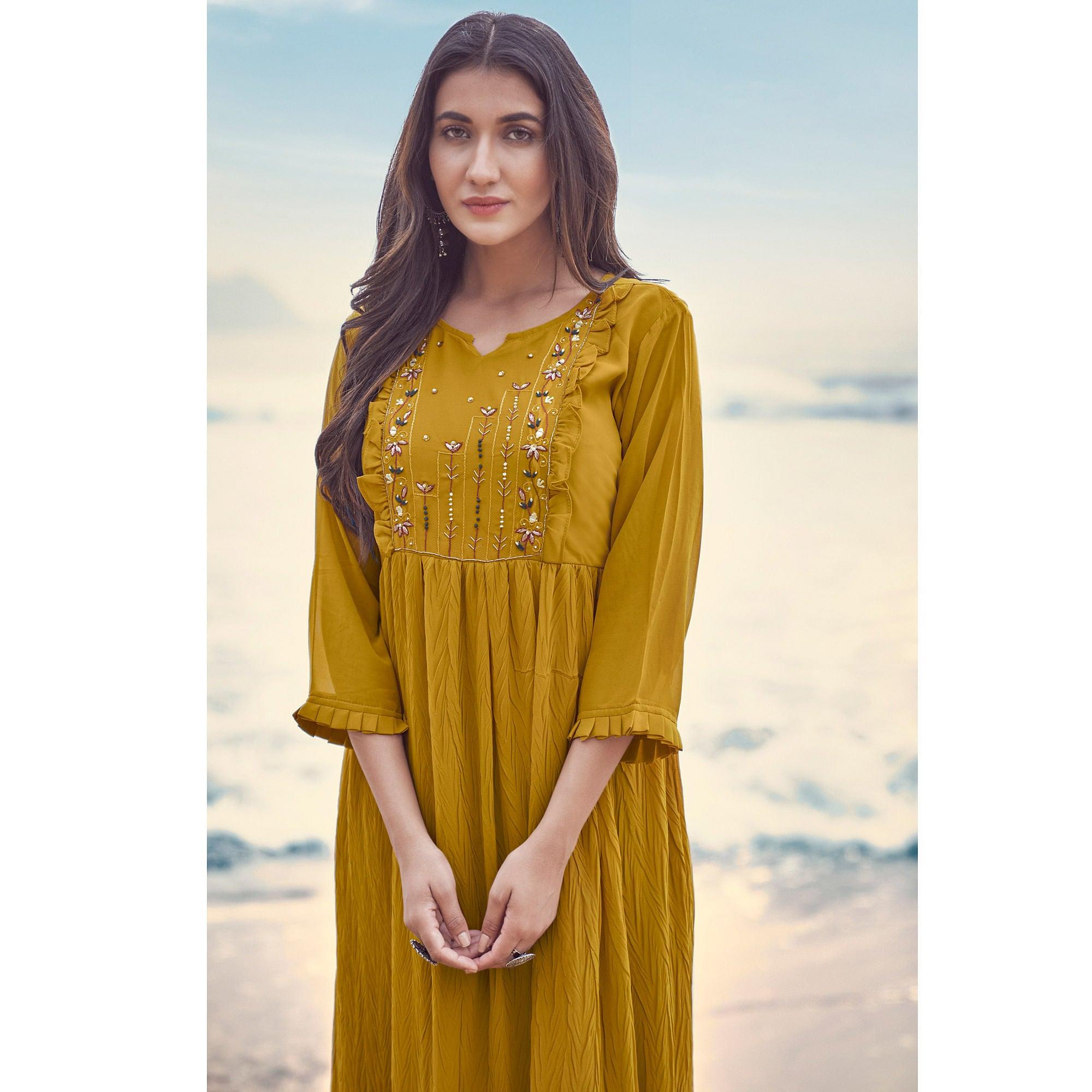 Yellow Embroidered Georgette Dress - Peachmode