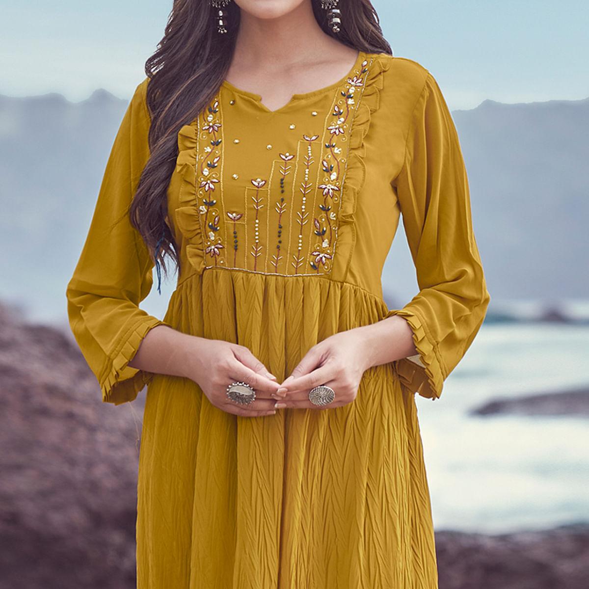 Yellow Embroidered Georgette Dress - Peachmode