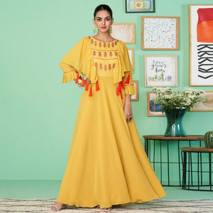 Yellow Embroidered Georgette Gown - Peachmode