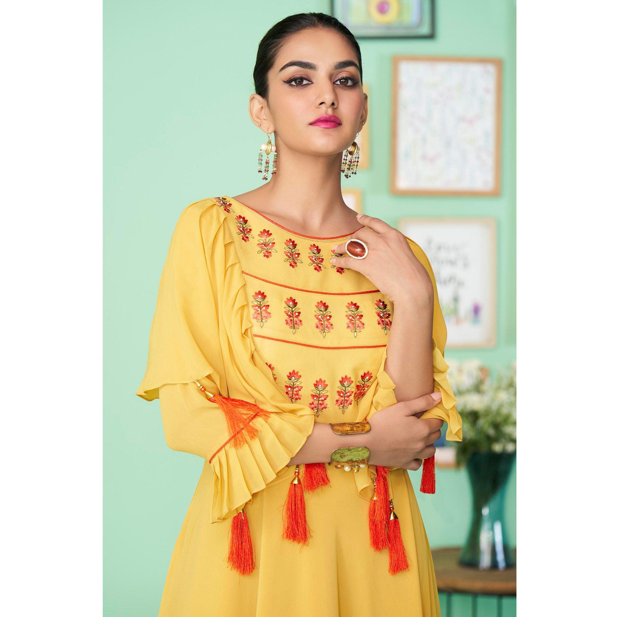 Yellow Embroidered Georgette Gown - Peachmode