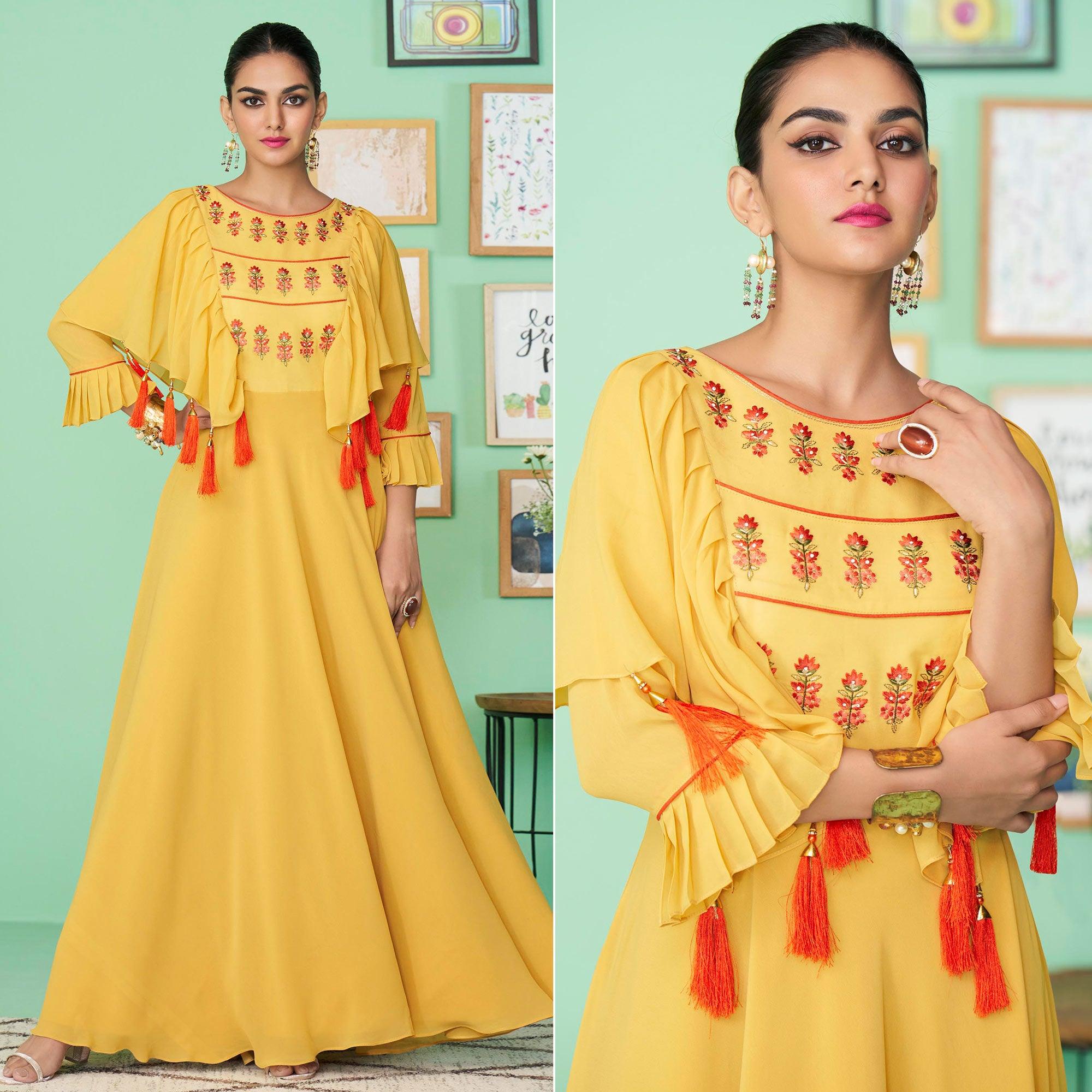 Yellow Embroidered Georgette Gown - Peachmode