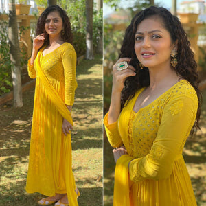 Yellow Embroidered Georgette Gown With Dupatta - Peachmode