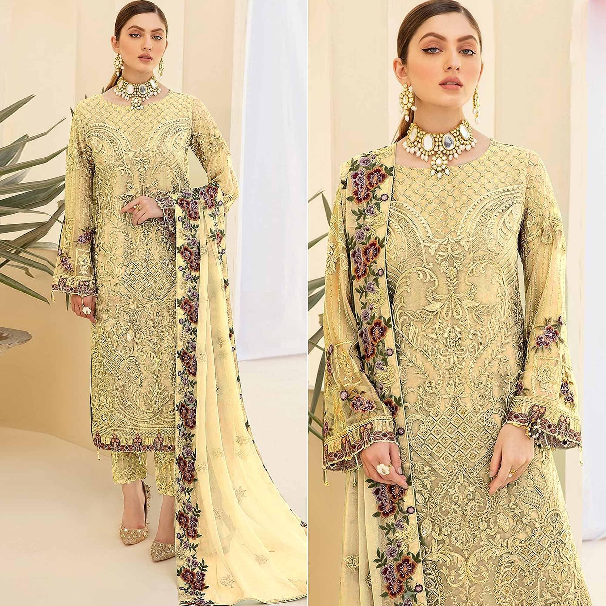 Yellow Embroidered Georgette Pakistani Suit - Peachmode