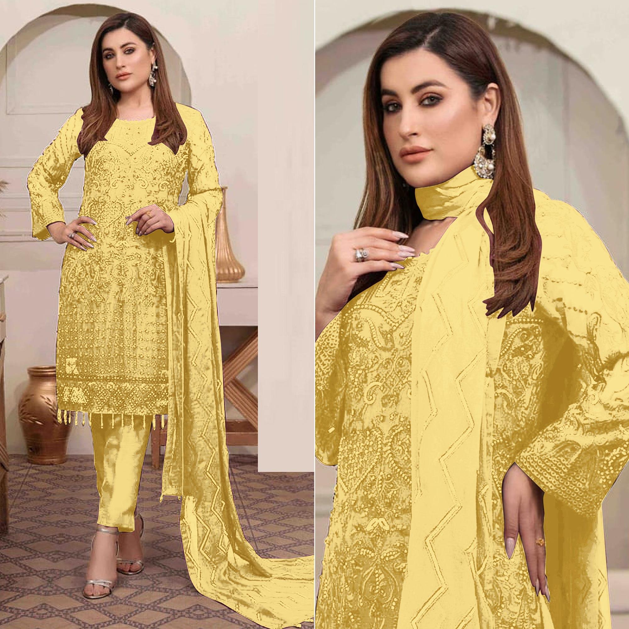 Yellow Embroidered Georgette Pakistani Suit - Peachmode