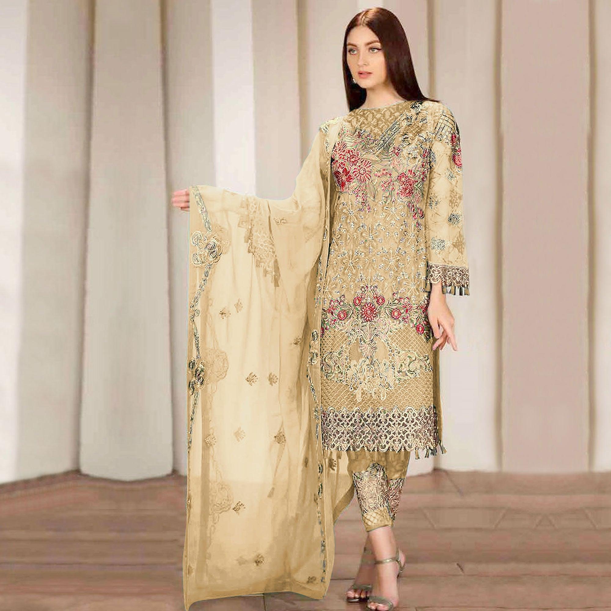 Yellow Embroidered Georgette Pakistani Suit - Peachmode