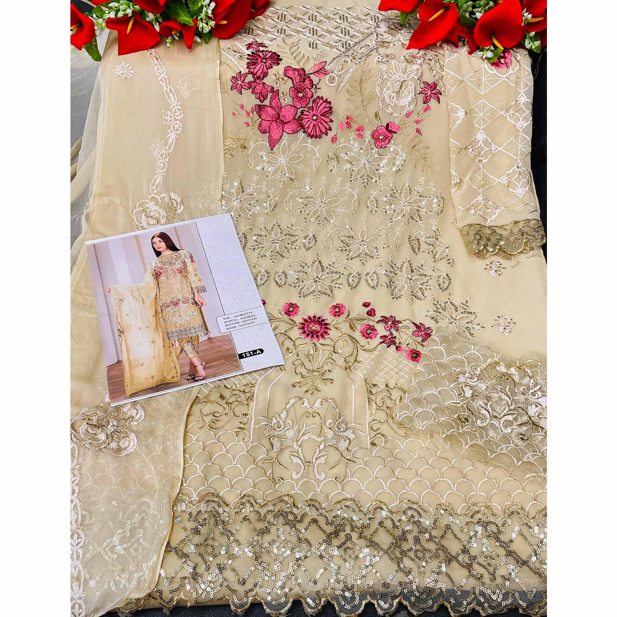Yellow Embroidered Georgette Pakistani Suit - Peachmode