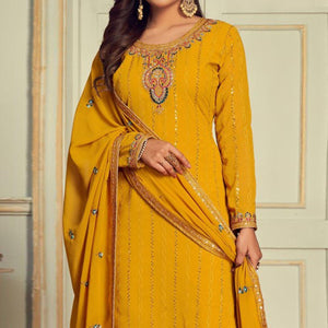 Yellow Embroidered Georgette Palazzo Suit - Peachmode
