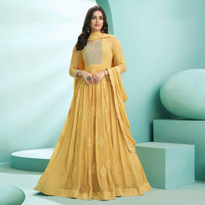 Yellow Embroidered Georgette Partywear Gown - Peachmode