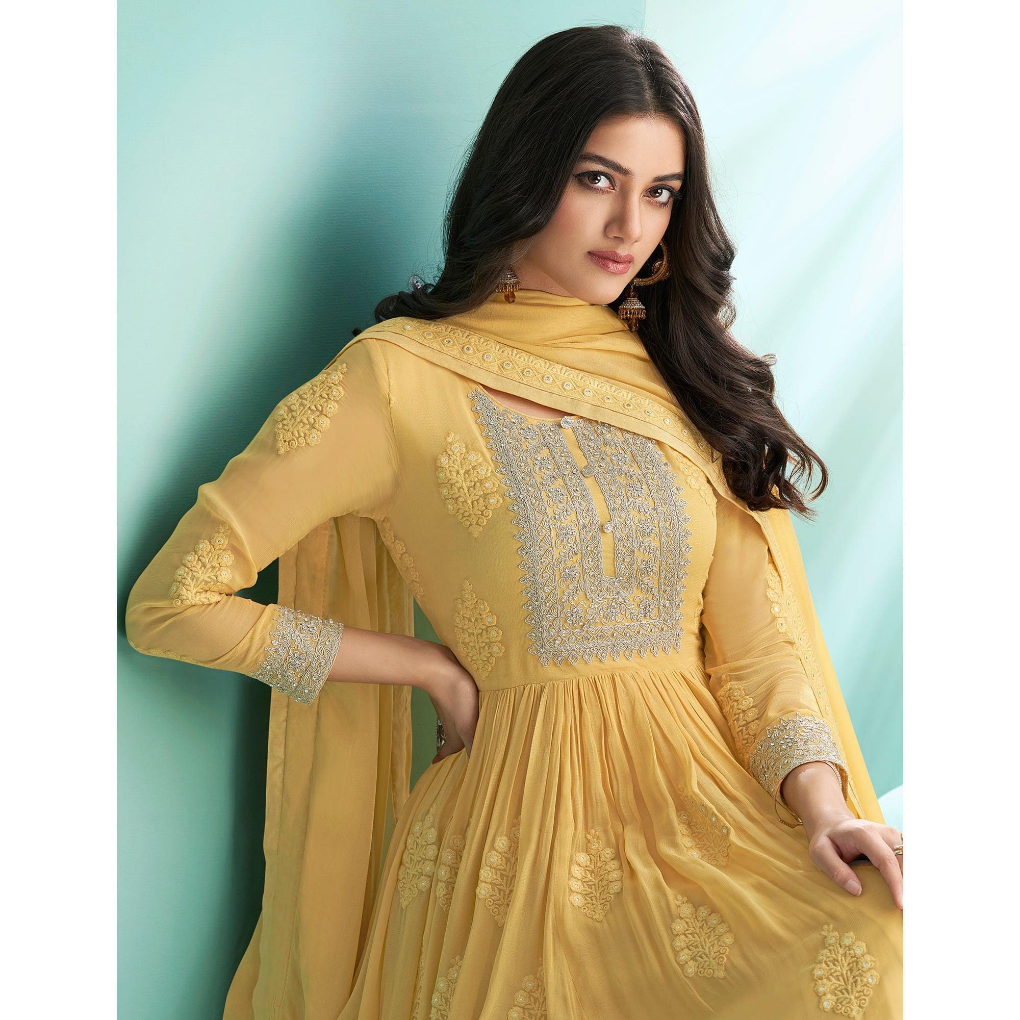 Yellow Embroidered Georgette Partywear Gown - Peachmode