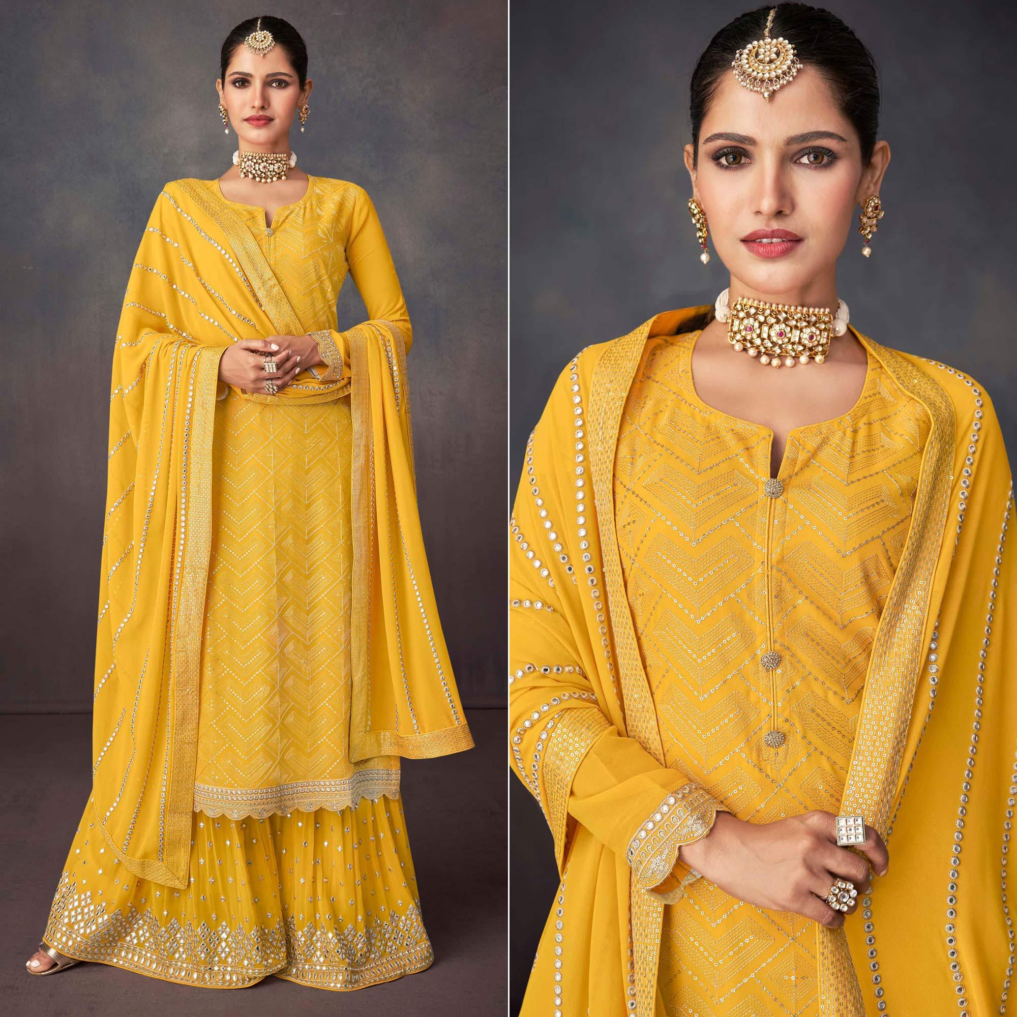 Yellow Embroidered Georgette Sharara Suit - Peachmode