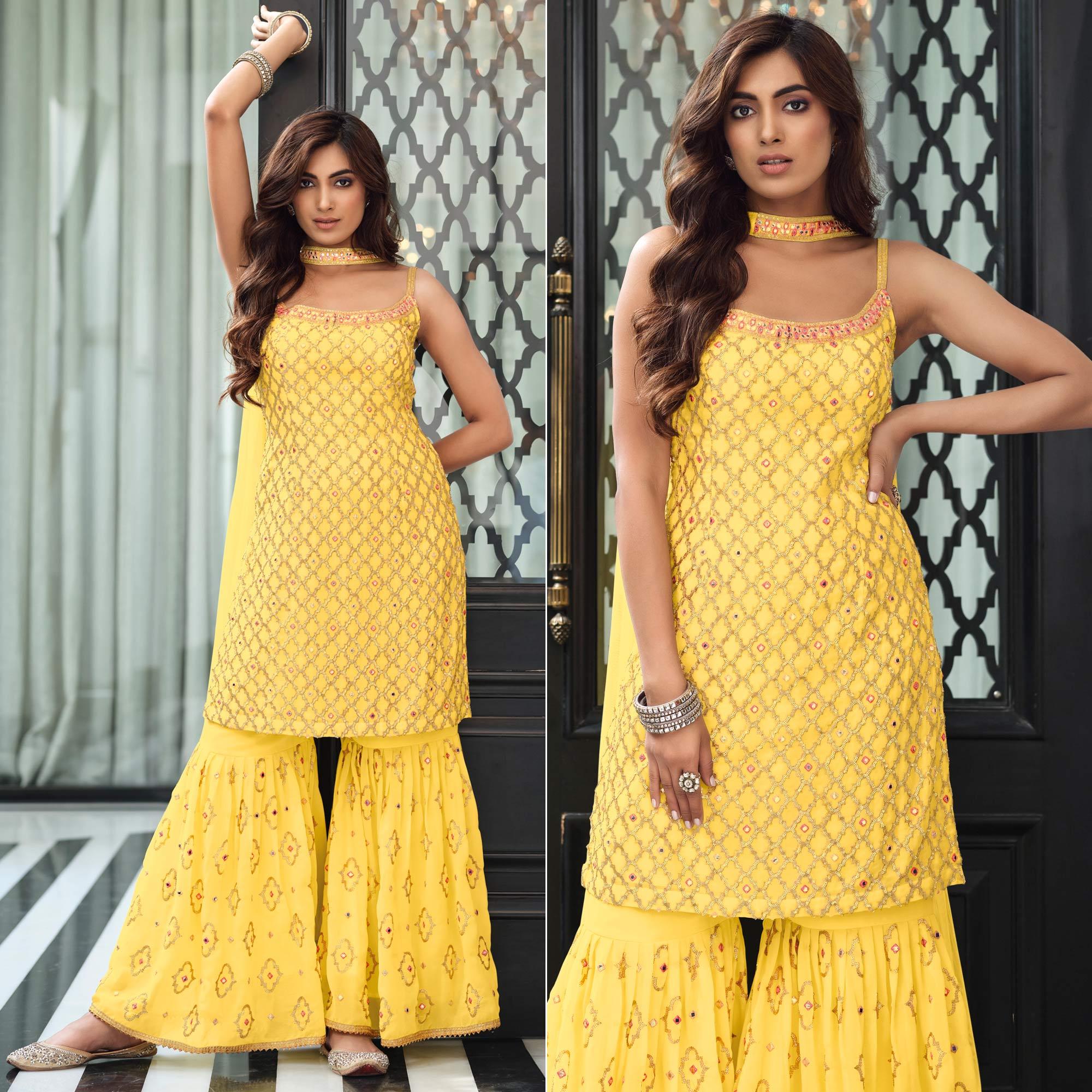 Yellow Embroidered Georgette Sharara Suit - Peachmode