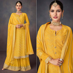 Yellow Embroidered Georgette Sharara Suit - Peachmode
