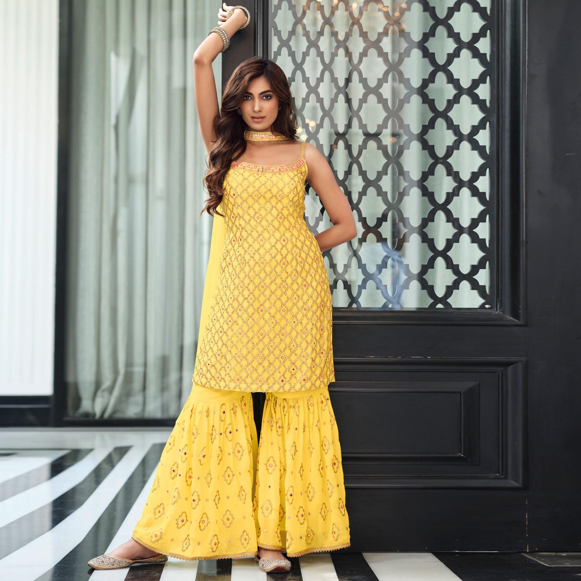 Yellow Embroidered Georgette Sharara Suit - Peachmode