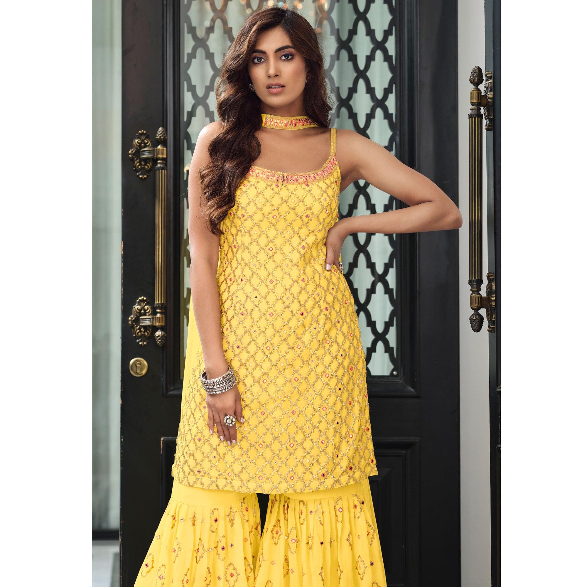 Yellow Embroidered Georgette Sharara Suit - Peachmode