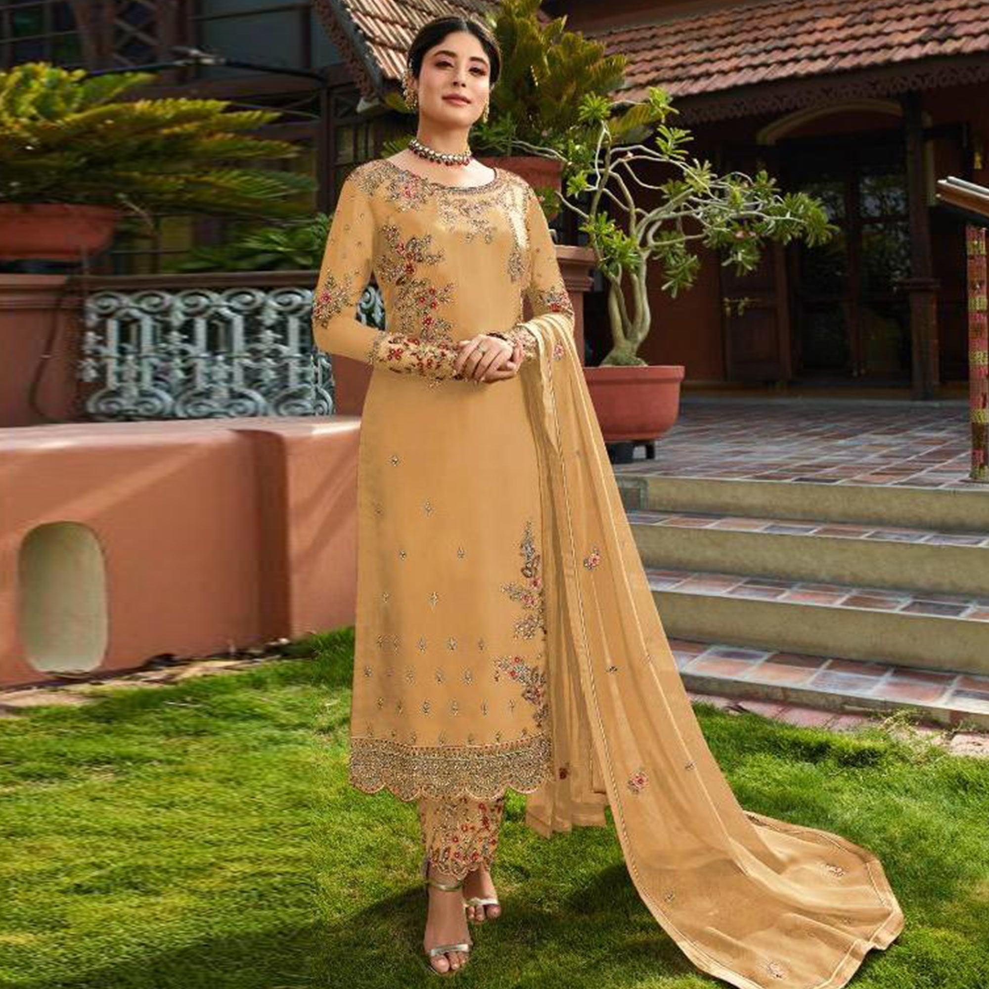 Yellow Embroidered Gerorgette Straight Partywear Suit - Peachmode