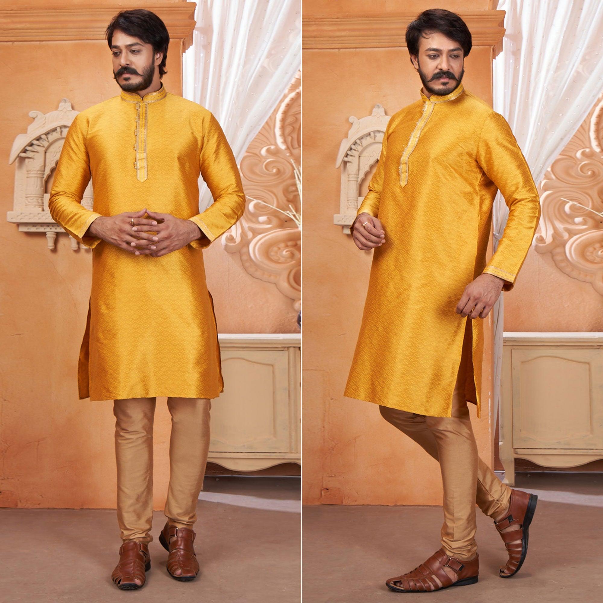 Yellow Embroidered Jacquard Art Silk Kurta Pyajama Set - Peachmode