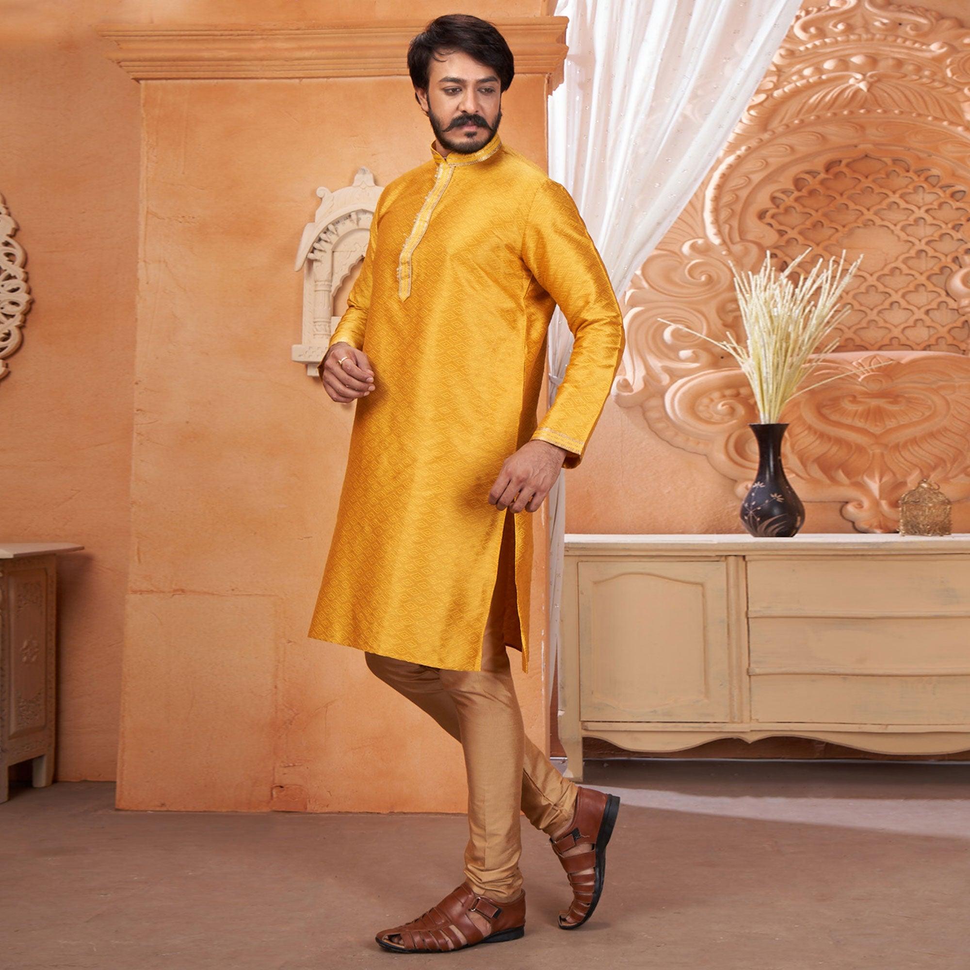 Yellow Embroidered Jacquard Art Silk Kurta Pyajama Set - Peachmode