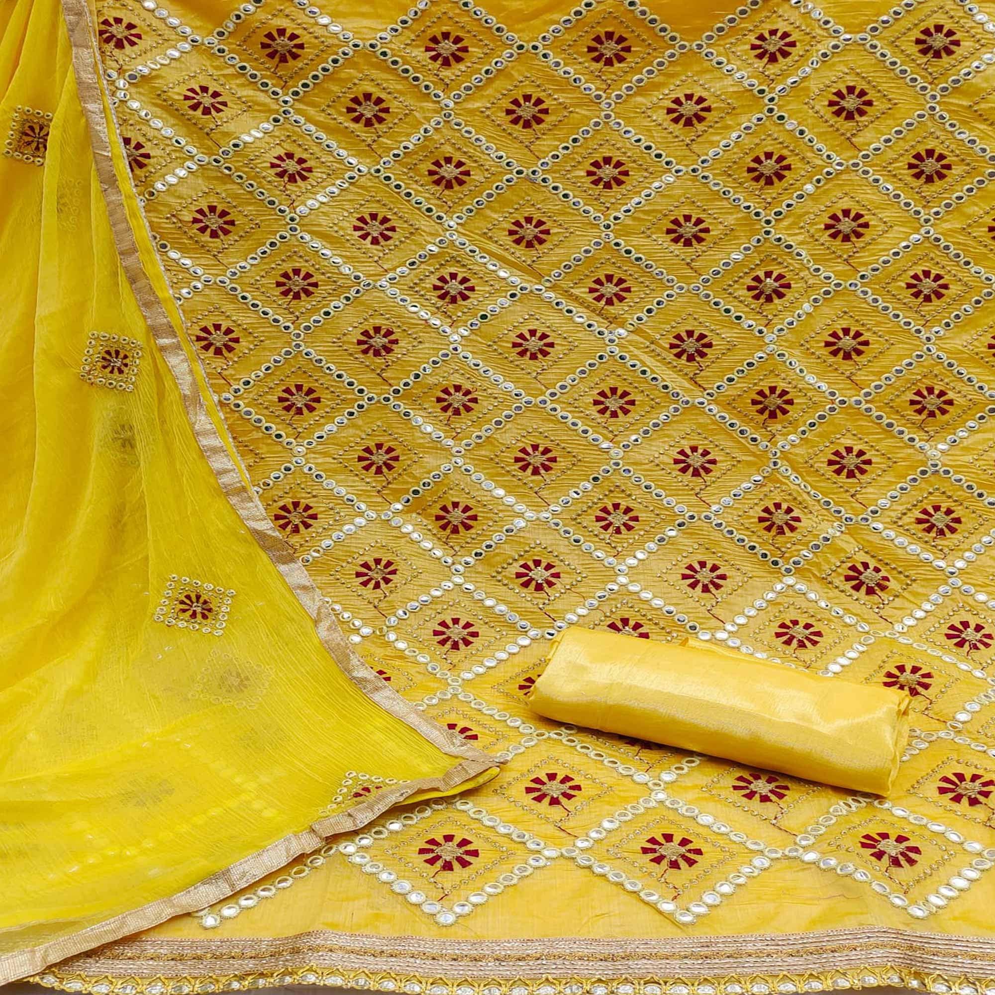 Yellow Embroidered Modal Dress Material - Peachmode