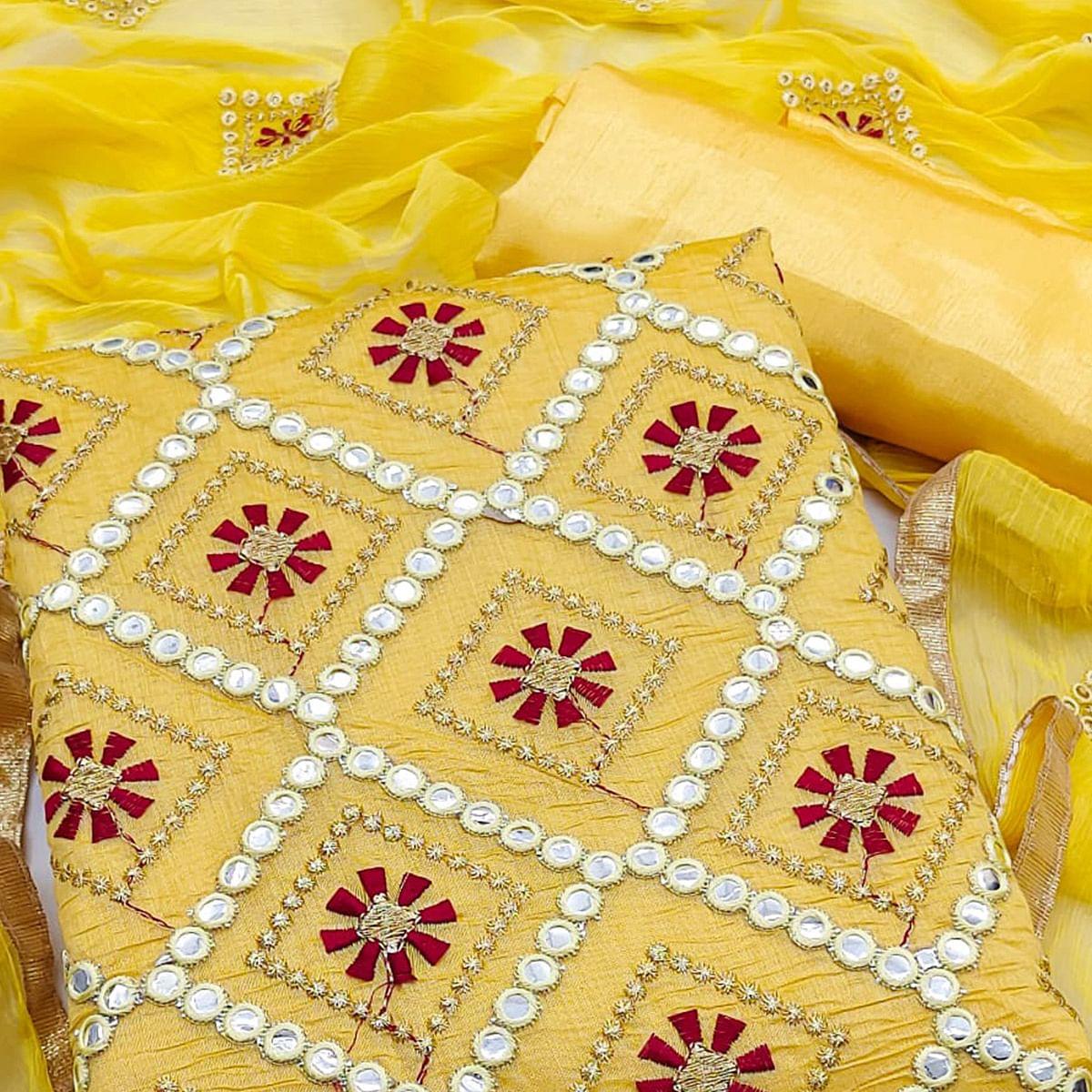 Yellow Embroidered Modal Dress Material - Peachmode