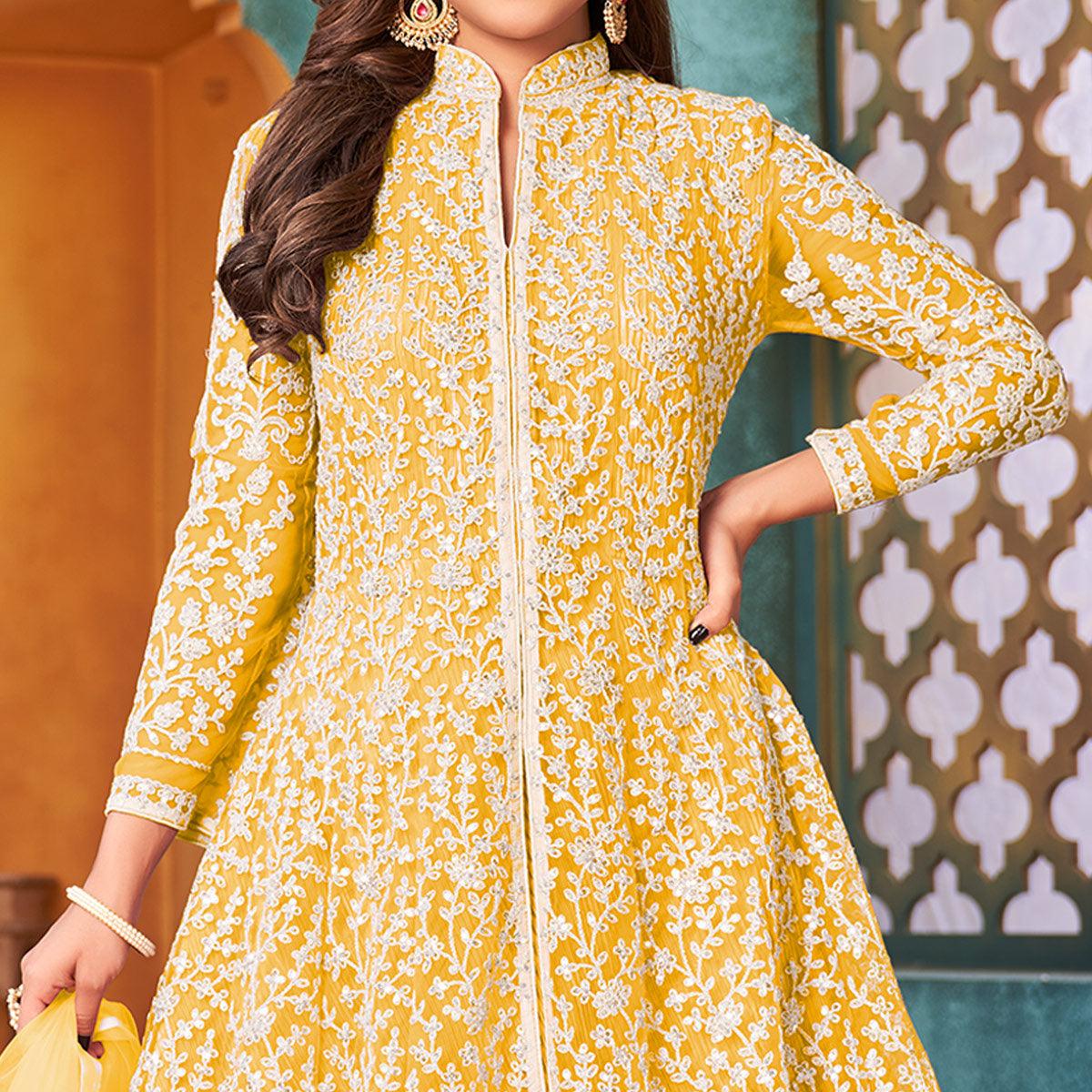Yellow Embroidered Netted Anarkali Style Gown - Peachmode