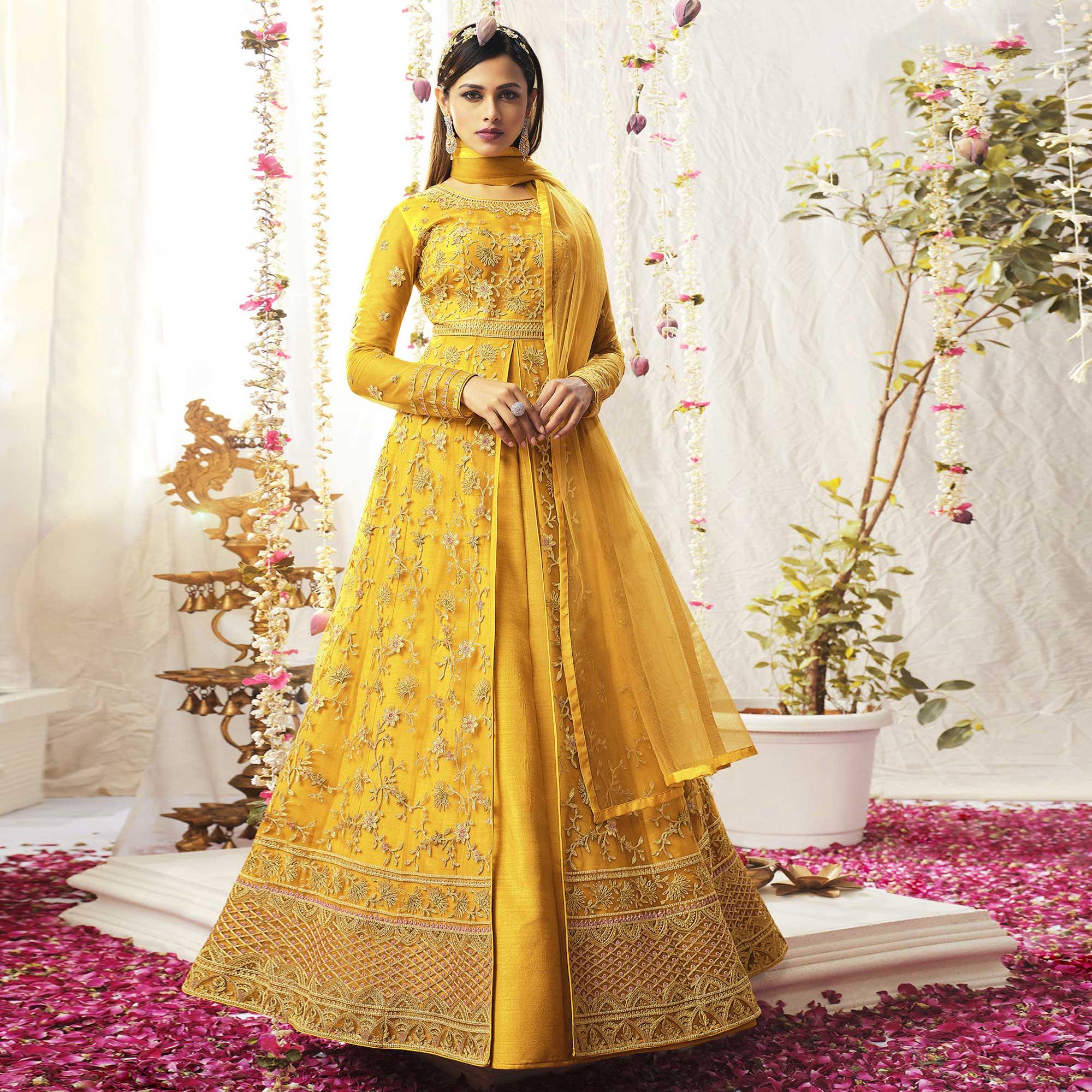 Yellow Embroidered Netted Anarkali Suit - Peachmode
