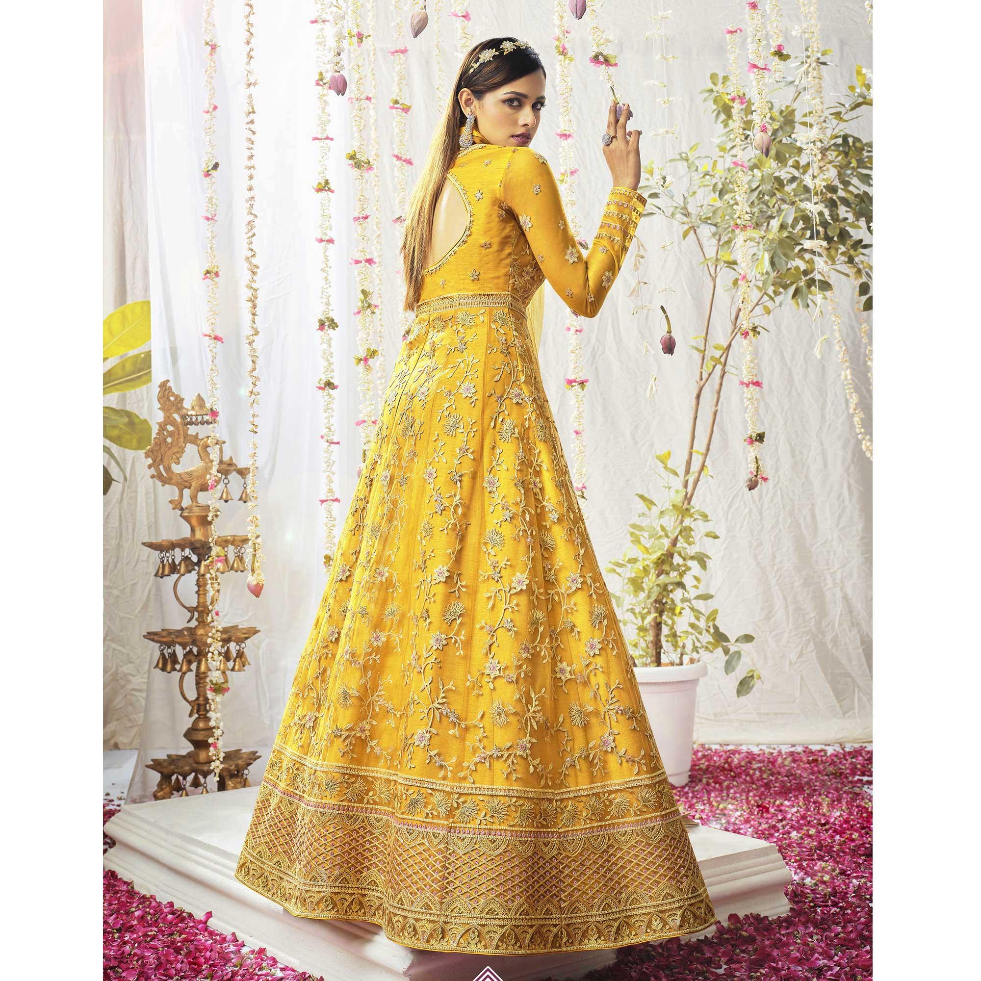 Yellow Embroidered Netted Anarkali Suit - Peachmode