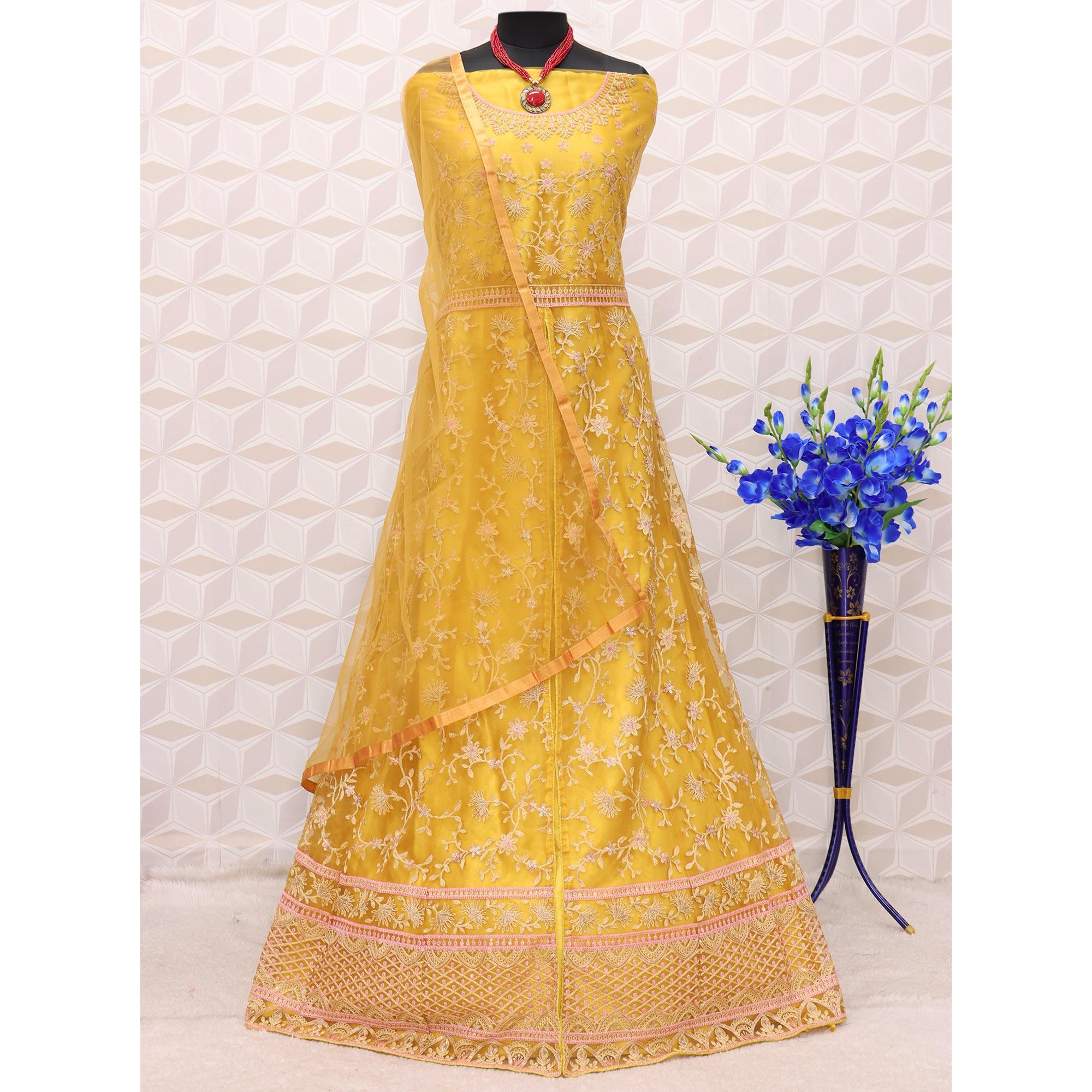Yellow Embroidered Netted Anarkali Suit - Peachmode