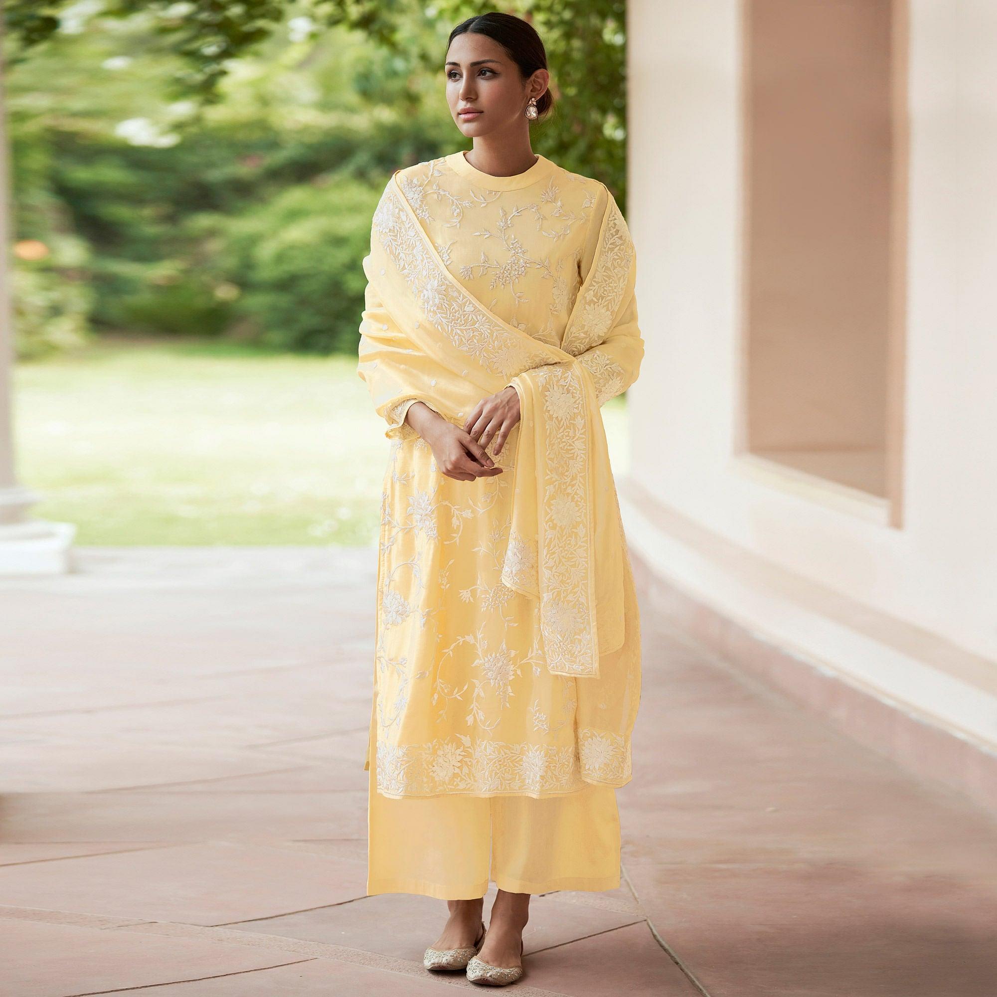 Yellow Embroidered Organza Palazzo Suit - Peachmode