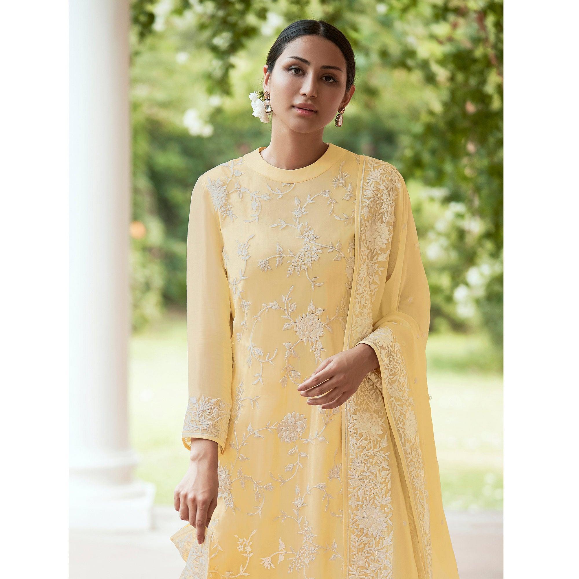 Yellow Embroidered Organza Palazzo Suit - Peachmode