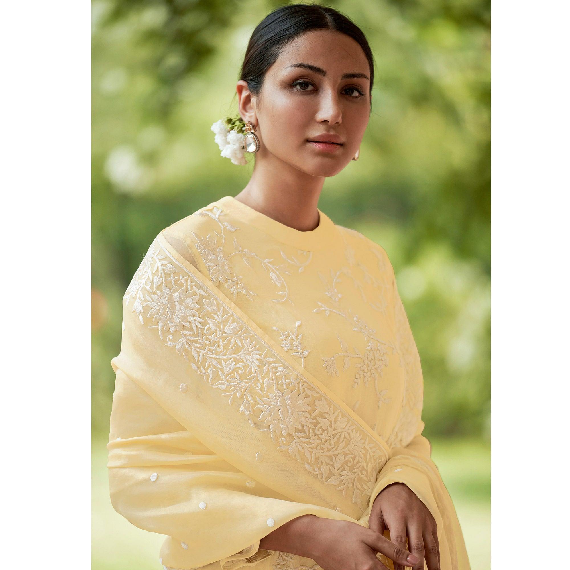Yellow Embroidered Organza Palazzo Suit - Peachmode