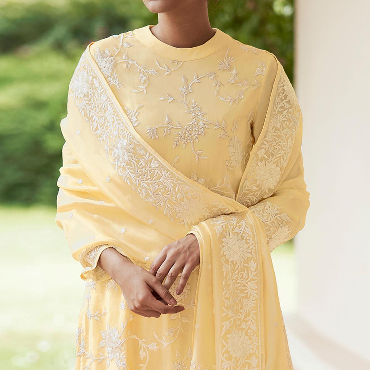 Yellow Embroidered Organza Palazzo Suit - Peachmode