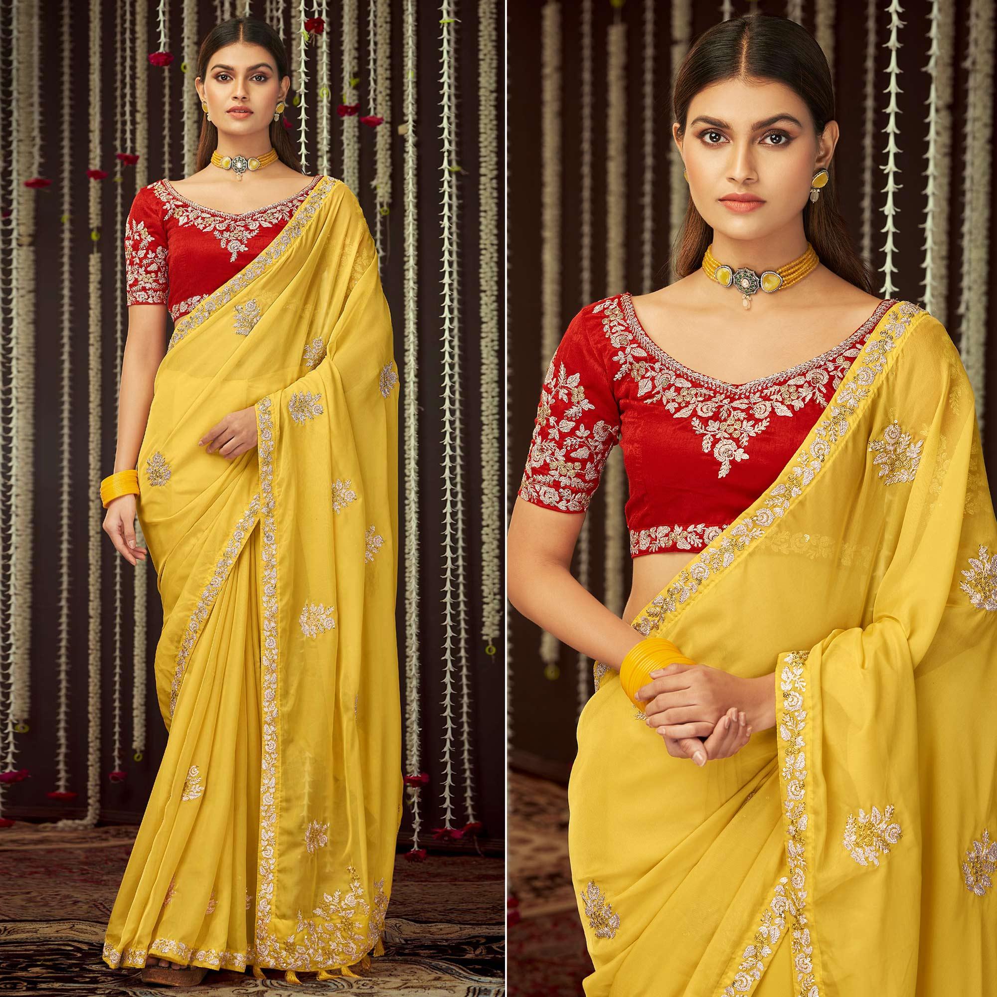 Yellow Embroidered Organza Saree - Peachmode