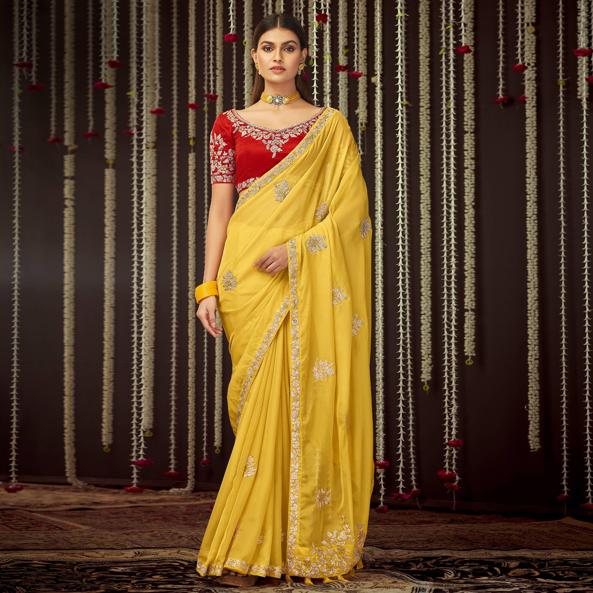 Yellow Embroidered Organza Saree - Peachmode