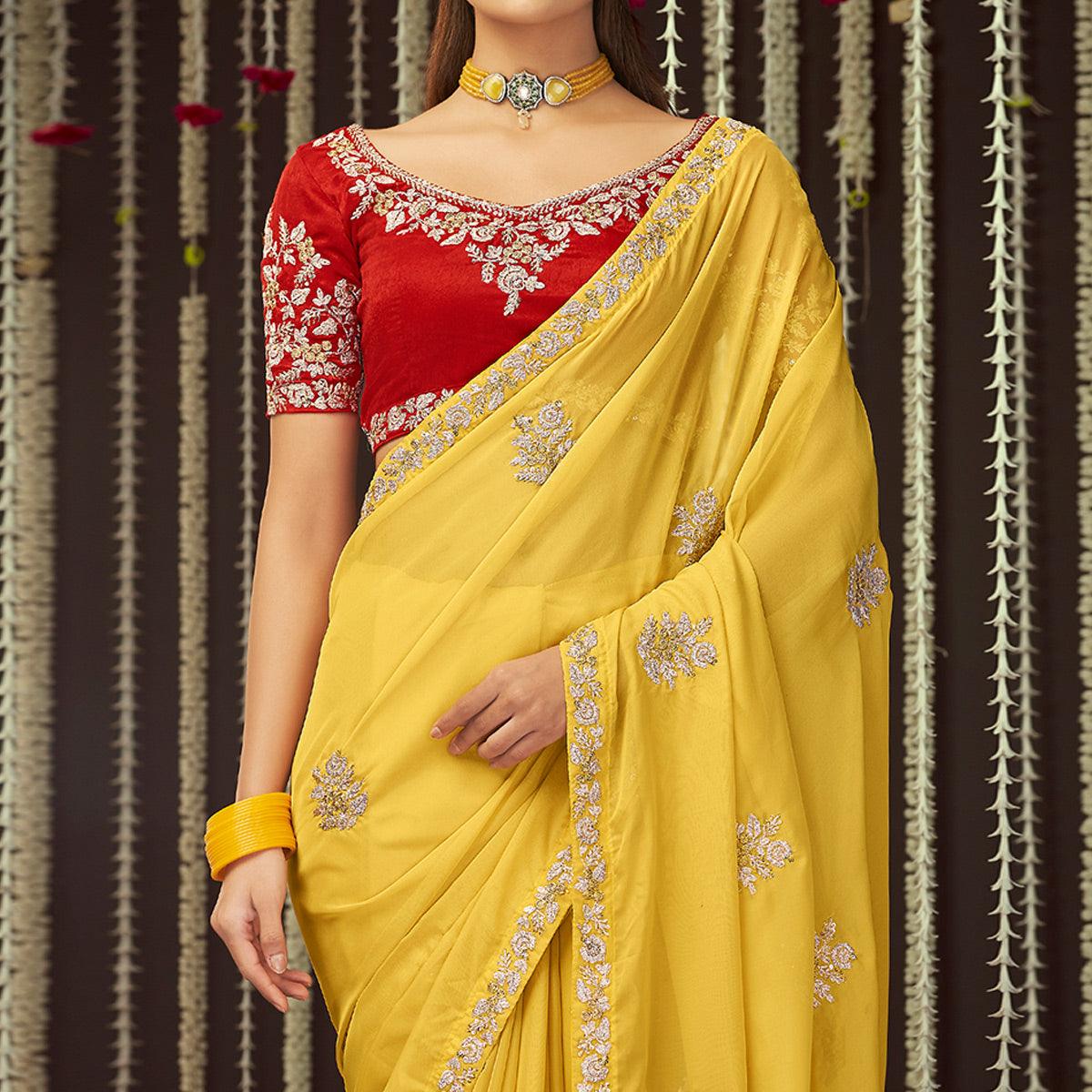 Yellow Embroidered Organza Saree - Peachmode