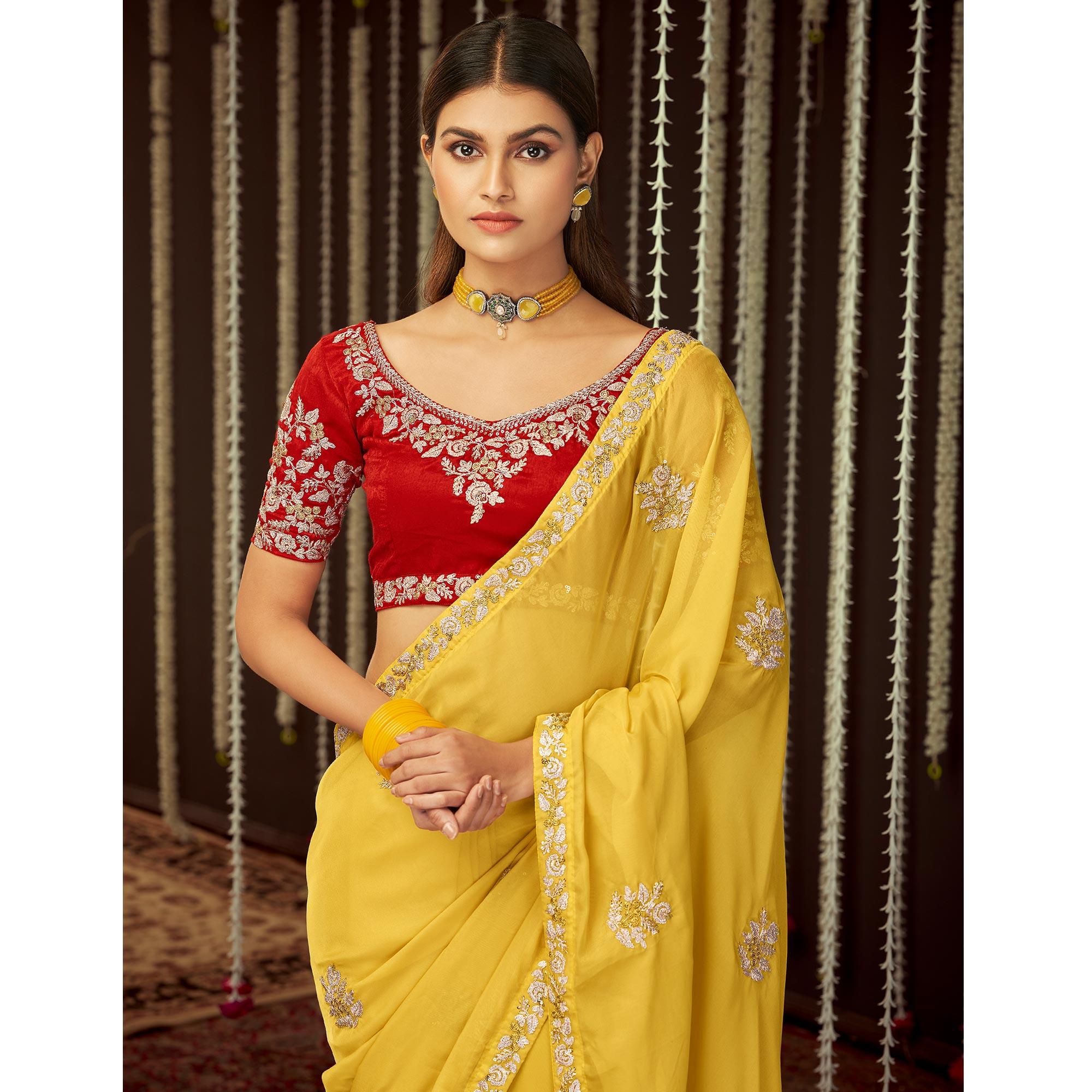 Yellow Embroidered Organza Saree - Peachmode