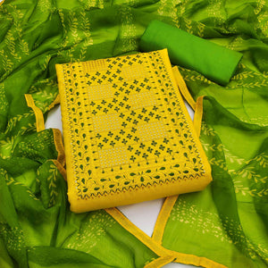 Yellow Embroidered Poly Cotton Dress Material - Peachmode