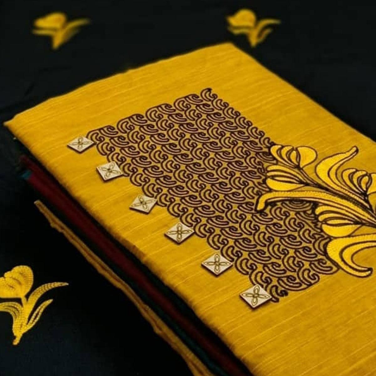 Yellow Embroidered Poly Cotton Dress Material - Peachmode