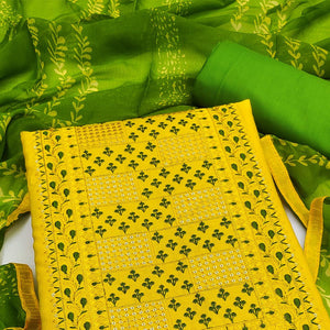 Yellow Embroidered Poly Cotton Dress Material - Peachmode