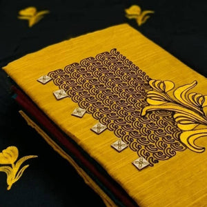 Yellow Embroidered Poly Cotton Dress Material - Peachmode