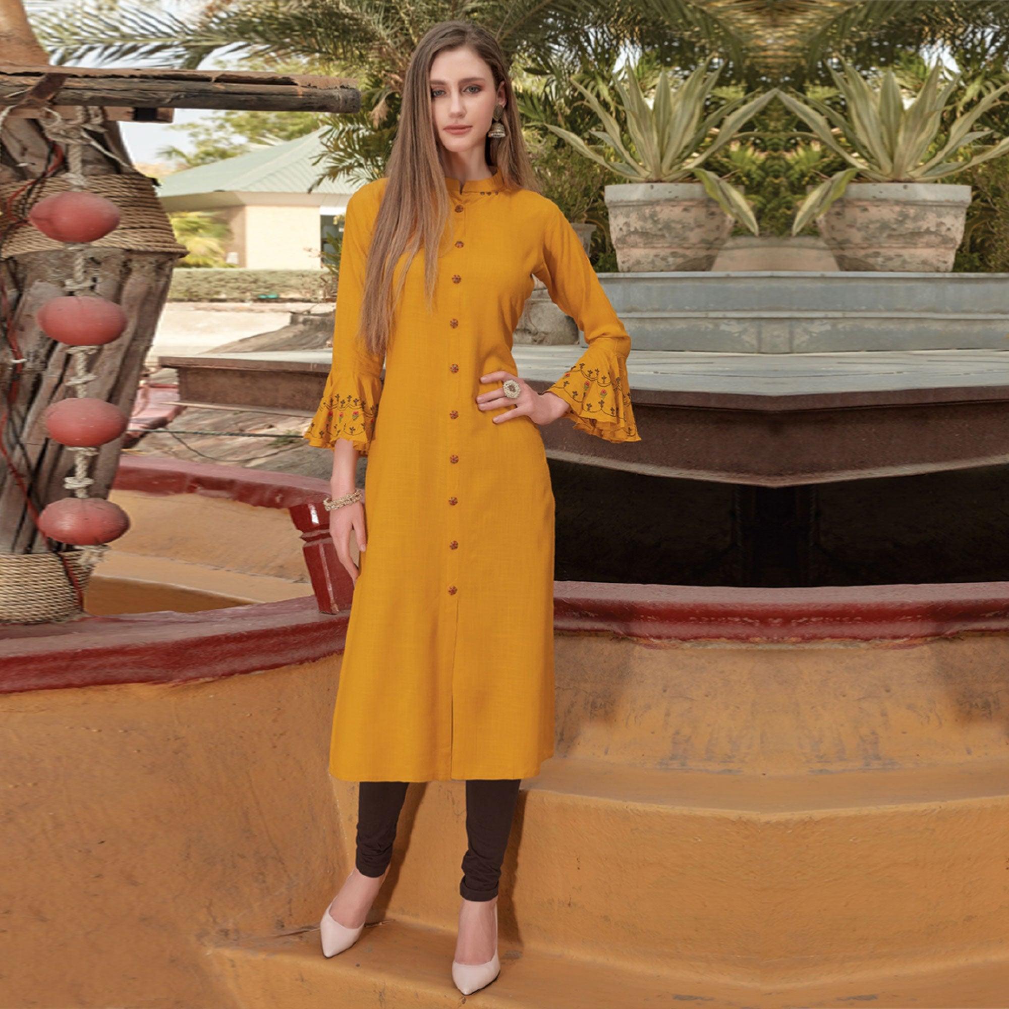 Yellow Embroidered Poly Cotton Kurti - Peachmode