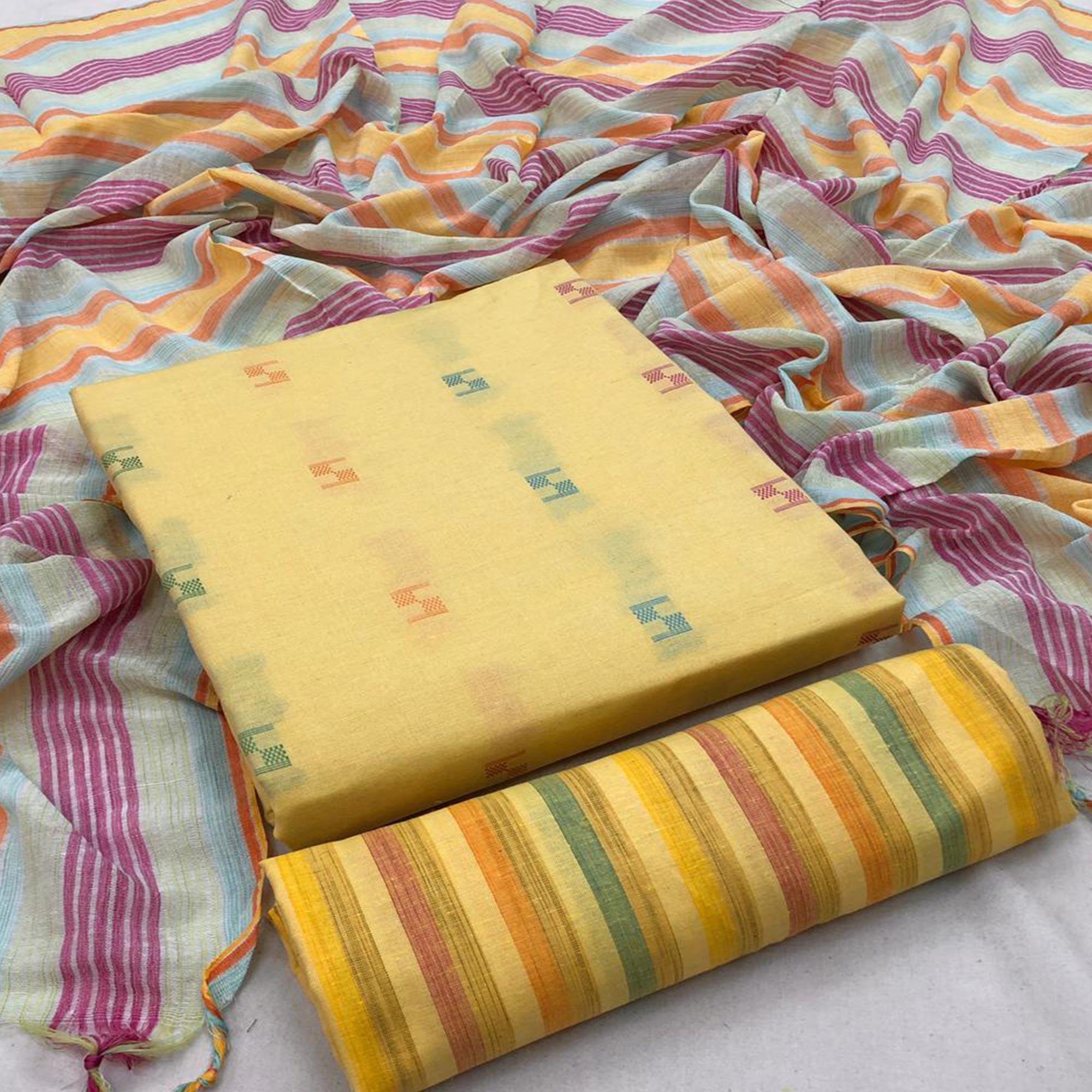 Yellow Embroidered Pure Cotton Dress Material - Peachmode