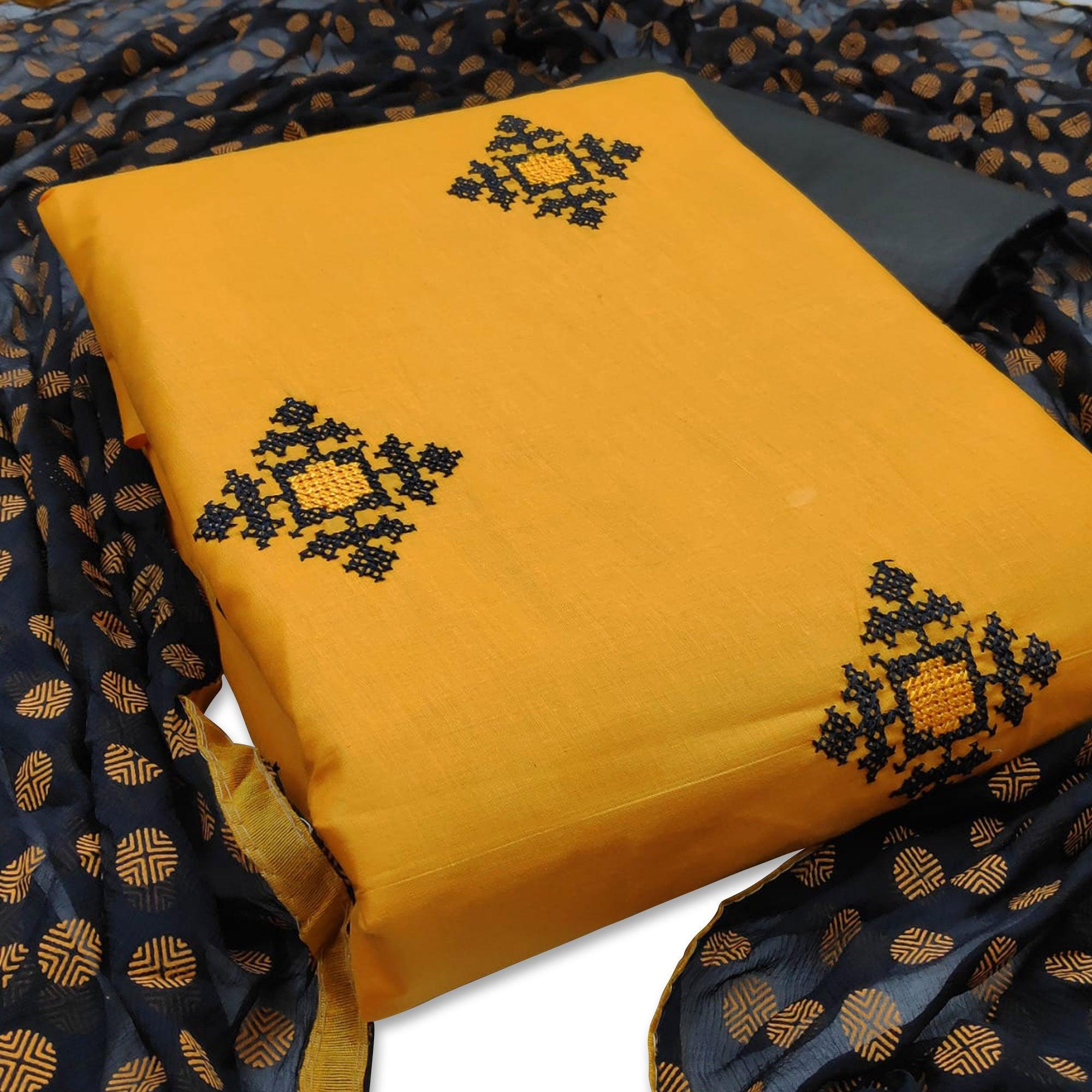 Yellow Embroidered Pure Cotton Dress Material - Peachmode