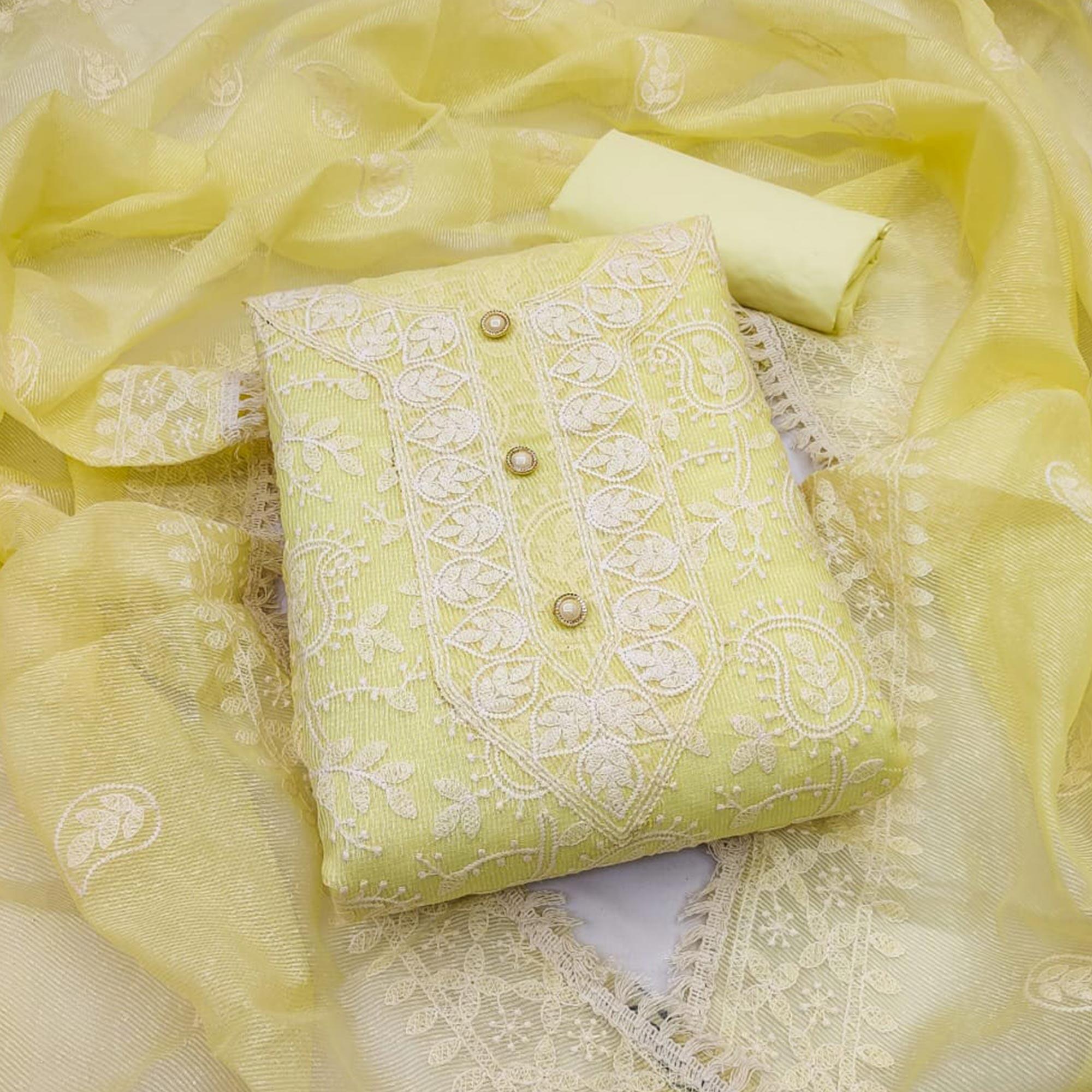 Yellow Embroidered Pure Cotton Dress Material - Peachmode