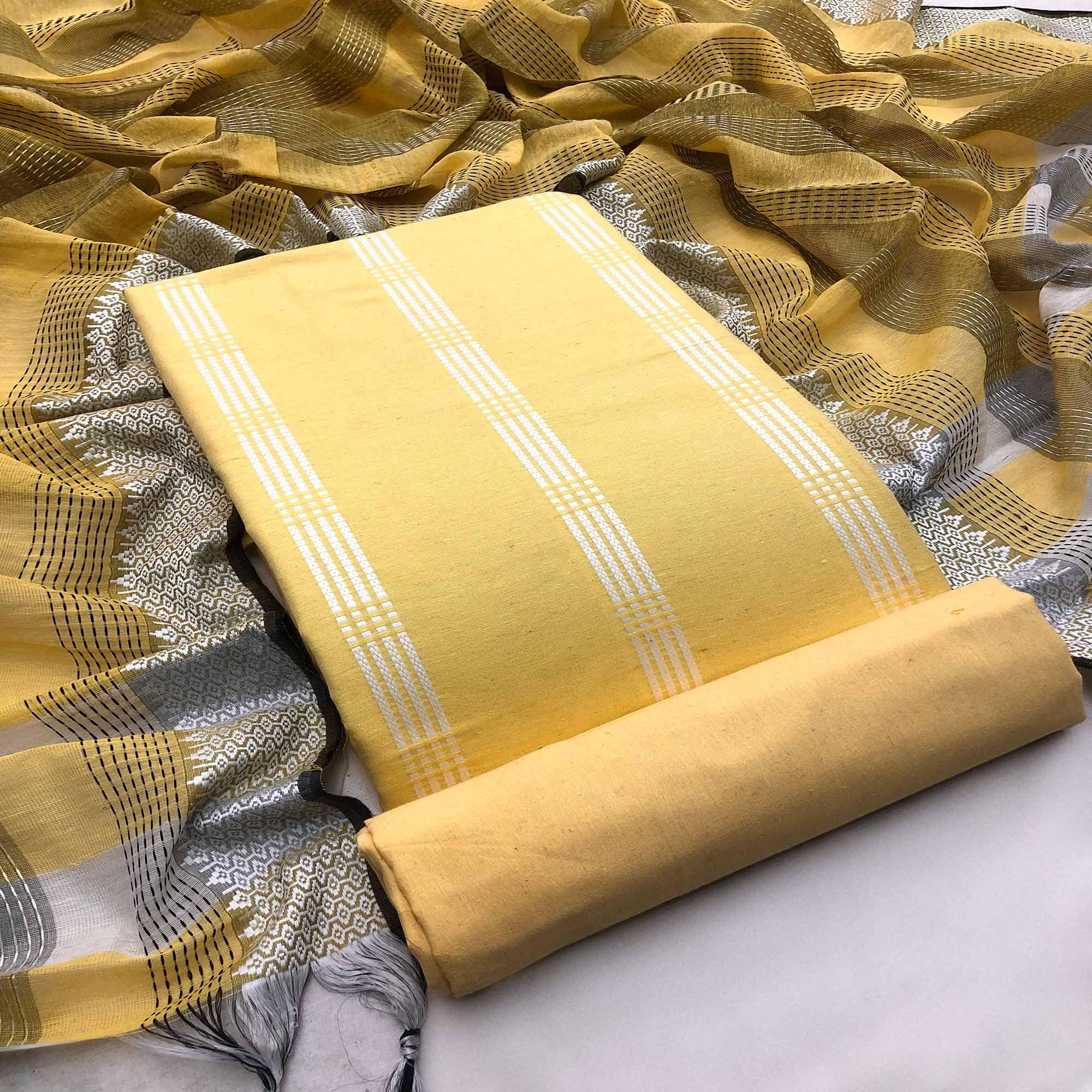 Yellow Embroidered Pure Cotton Dress Material - Peachmode