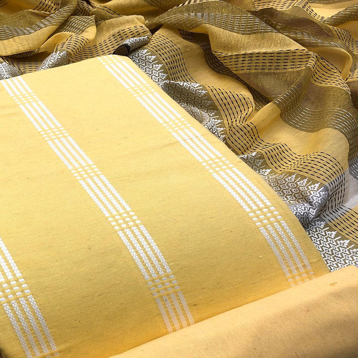 Yellow Embroidered Pure Cotton Dress Material - Peachmode