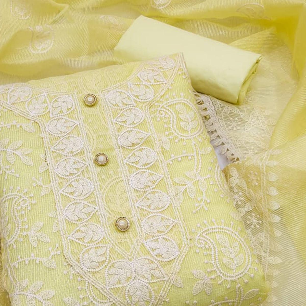 Yellow Embroidered Pure Cotton Dress Material - Peachmode